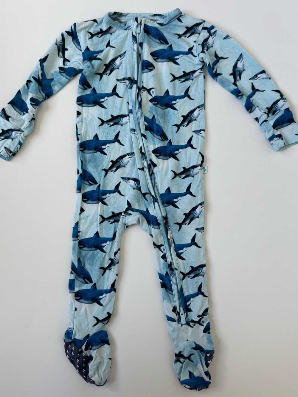 Posh Peanut Light Blue Shark-Print Footed One-Piece Pajamas